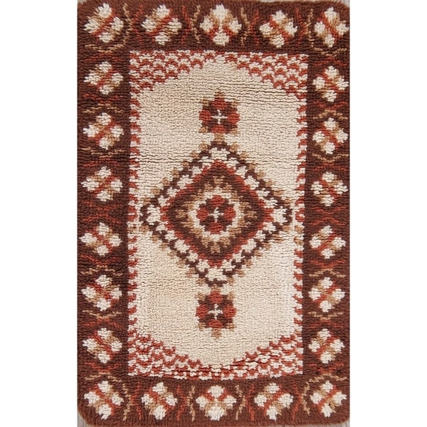 Hand Knotted Geometric Rya Sweden Oriental Wool Rug - 3'4" x 2'2"