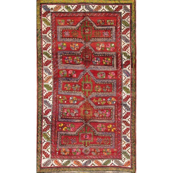 Kazak Caucasian Vintage Hand Knotted Traditional Oriental Rug Red - 7'2" x 4'1"