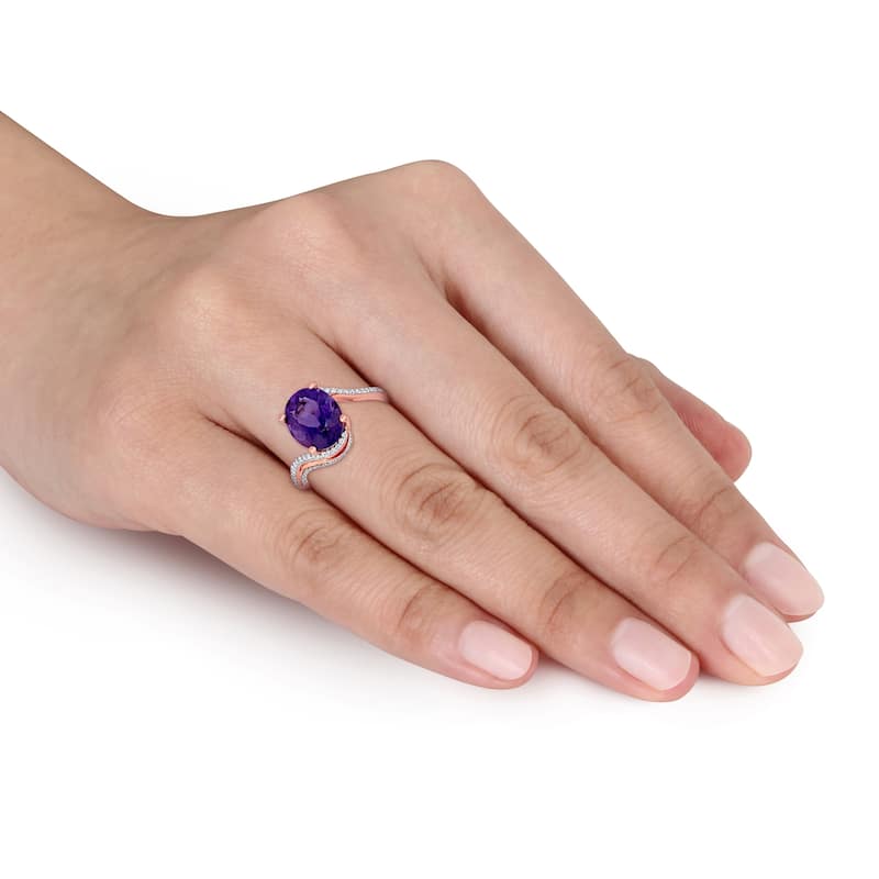 Miadora 14k Rose Gold Oval-Cut African-Amethyst and 1/3ct TDW Diamond Bypass Cocktail Ring