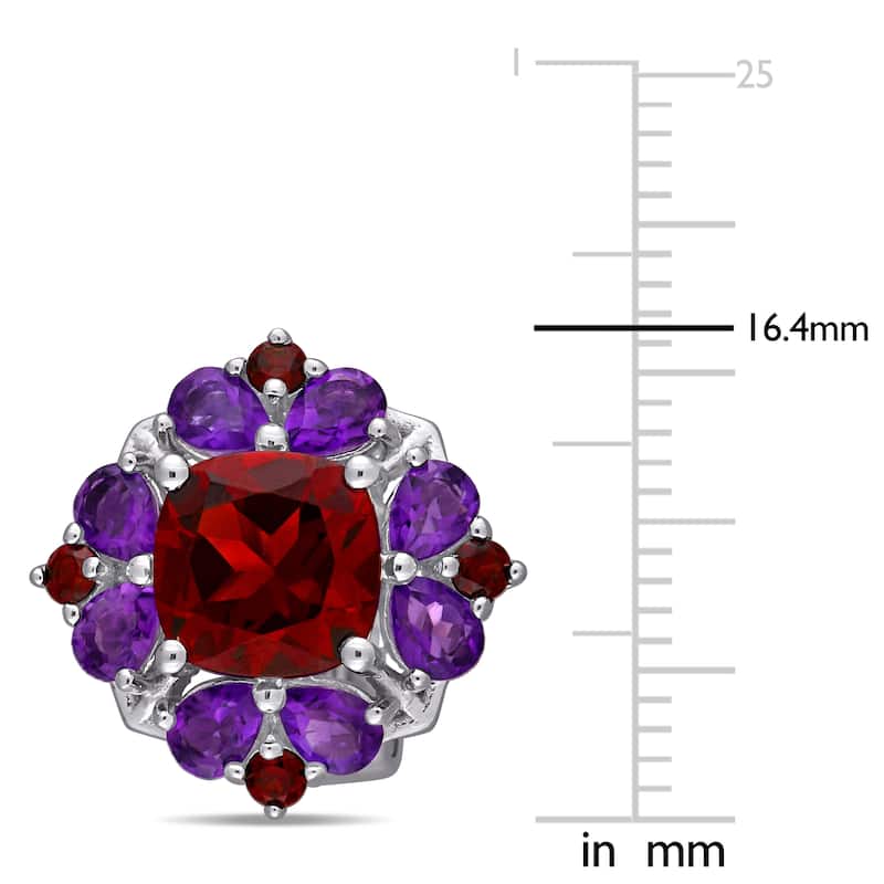 Miadora Sterling Silver Garnet and African-Amethyst Floral Cluster Earrings