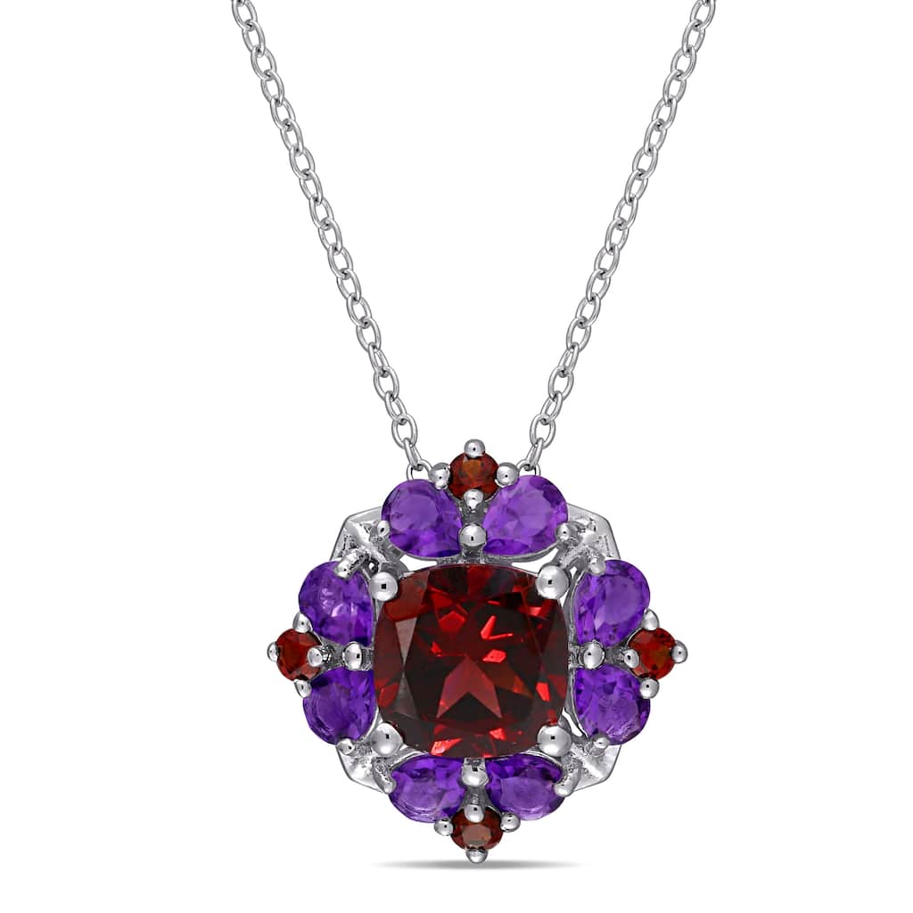 Miadora Sterling Silver Garnet and African-Amethyst Floral Cluster Necklace