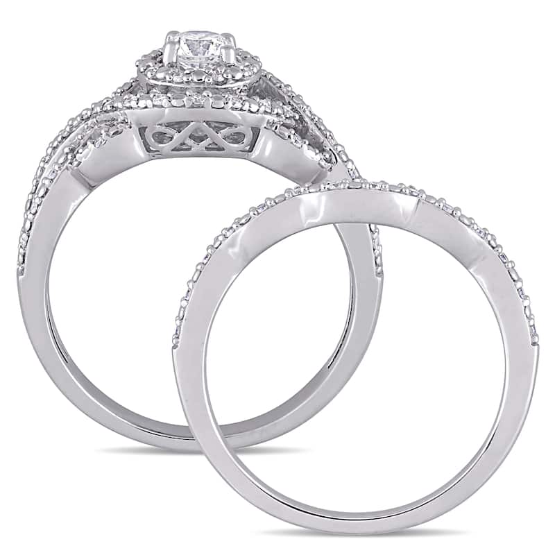 Miadora 1/2ct TDW Diamond Double Halo Crossover Bridal Ring Set 14k White Gold