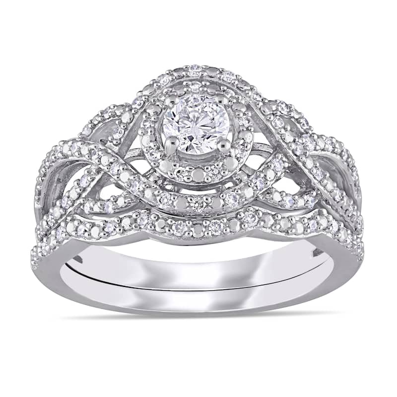 Miadora 1/2ct TDW Diamond Double Halo Crossover Bridal Ring Set 14k White Gold