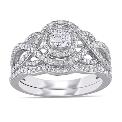 Miadora 1/2ct TDW Diamond Double Halo Crossover Bridal Ring Set 14k White Gold