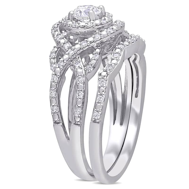 Miadora 1/2ct TDW Diamond Double Halo Crossover Bridal Ring Set 14k White Gold