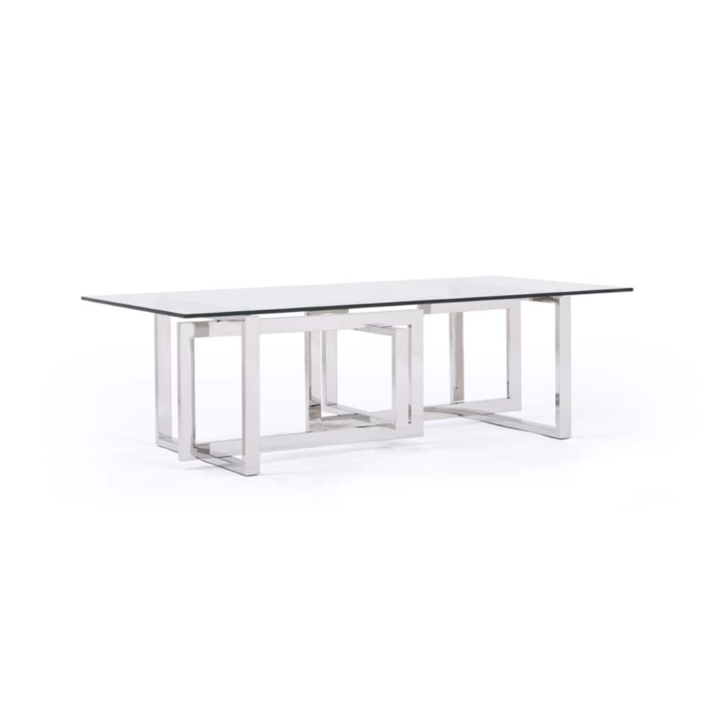 Metal and Glass Coffee Table with Overlapping Square Base Design, Silver and Clear