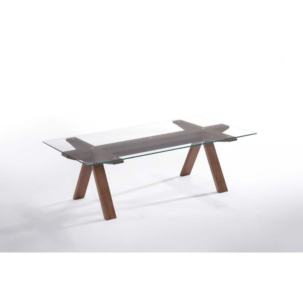 Rectangular Glass Top Coffee Table with Inverted V Shaped Wooden legs, Walnut Brown