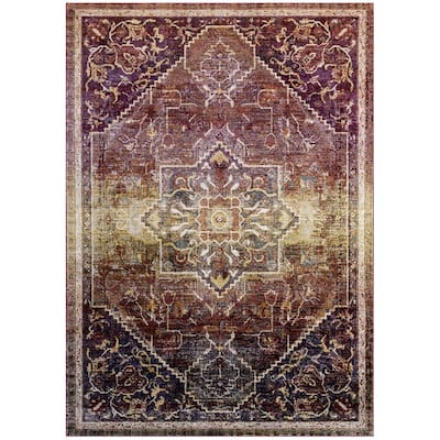 Modway Success Kaede Transitional Distressed Floral Vintage Medallion 5x8 Area Rug in Multicolored