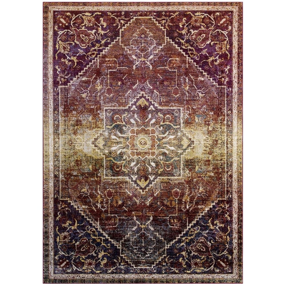 Modway Success Kaede Transitional Distressed Floral Vintage Medallion 5x8 Area Rug in Multicolored