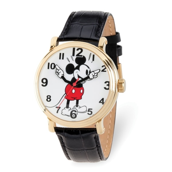 Disney Adult Gold-tone Mickey Mouse Black Leather Band Watch by Versil - Multi Color