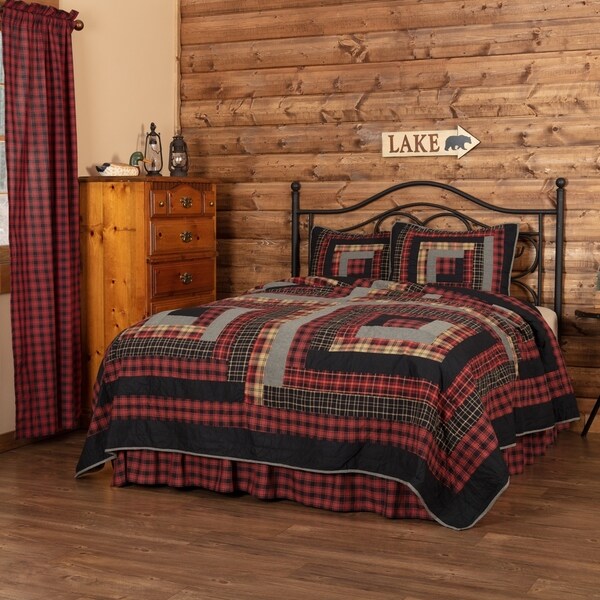 Red Rustic Bedding VHC Cumberland Quilt Set Cotton Patchwork Chambray (Quilt, Sham)
