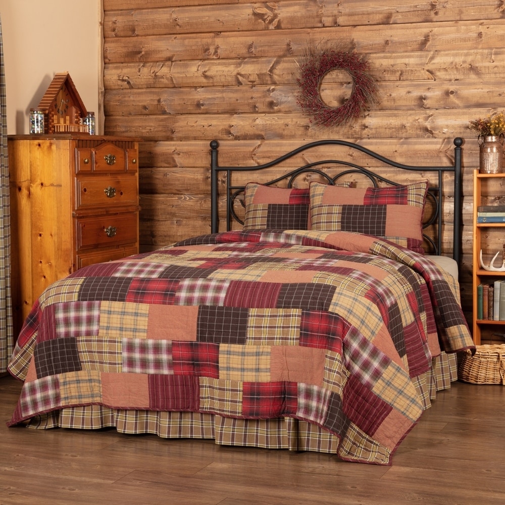 COUNTRY CABIN BROWN BLUE PLAID PRIMITIVE WEDDING RING Full Queen QUILT SET 