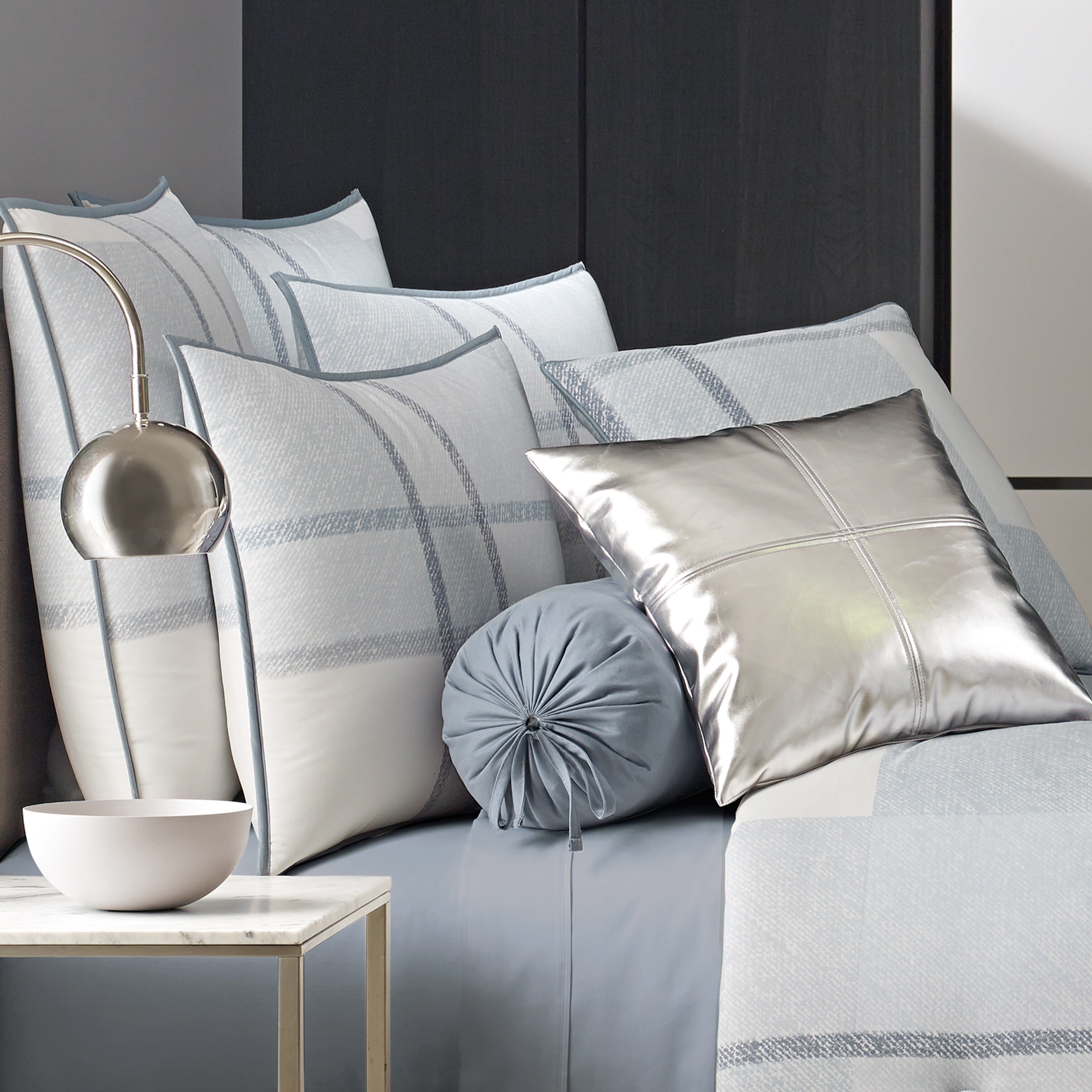 Queen New York Leighton Blue Twill Cotton Bolster Pillow Bed