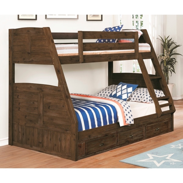 Solid Acacia Wood Twin Full Bunk Bed And Three Drawers In Solid Acacia Wood Twin Full Bunk Bed And Three Drawers In Chestnut