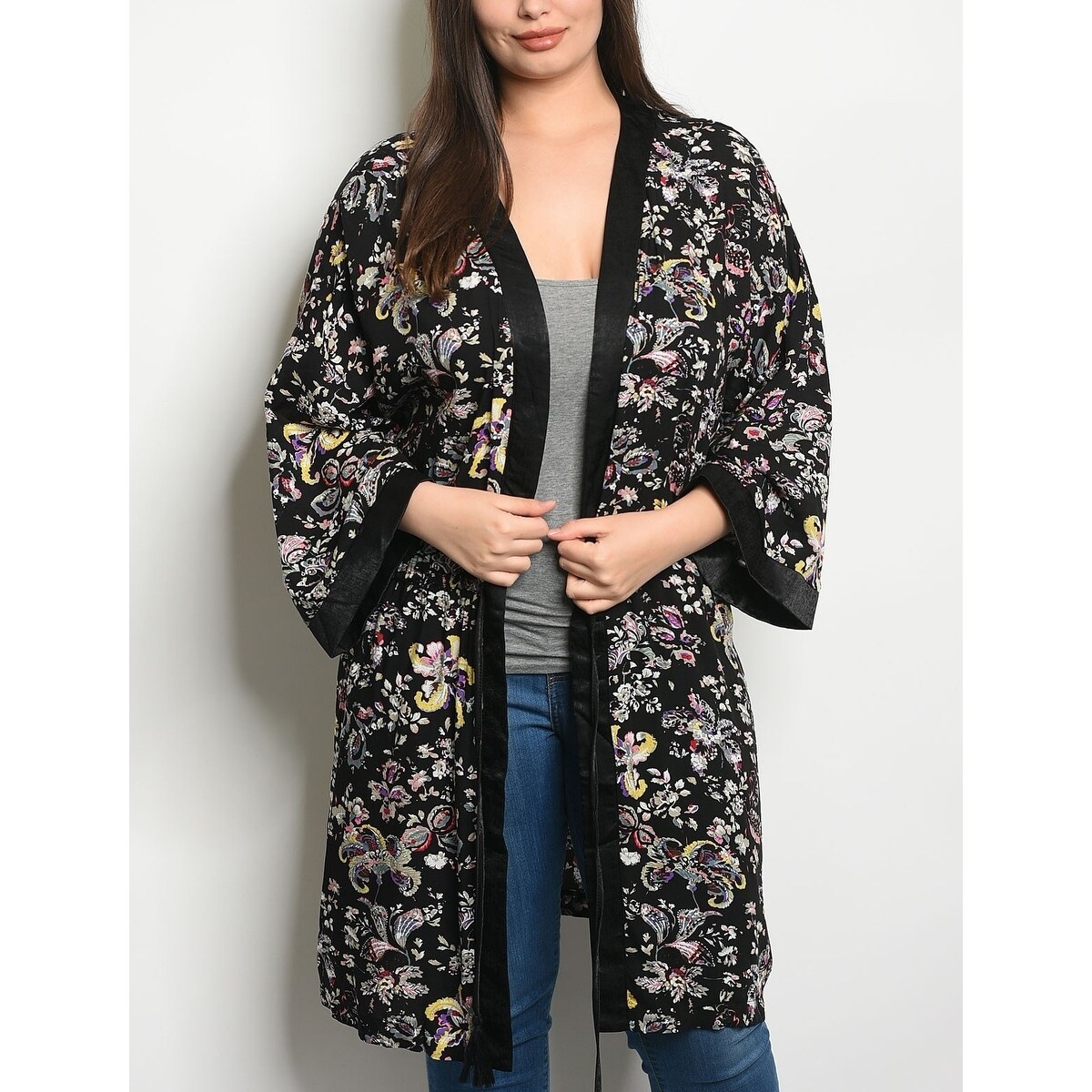plus size black floral kimono