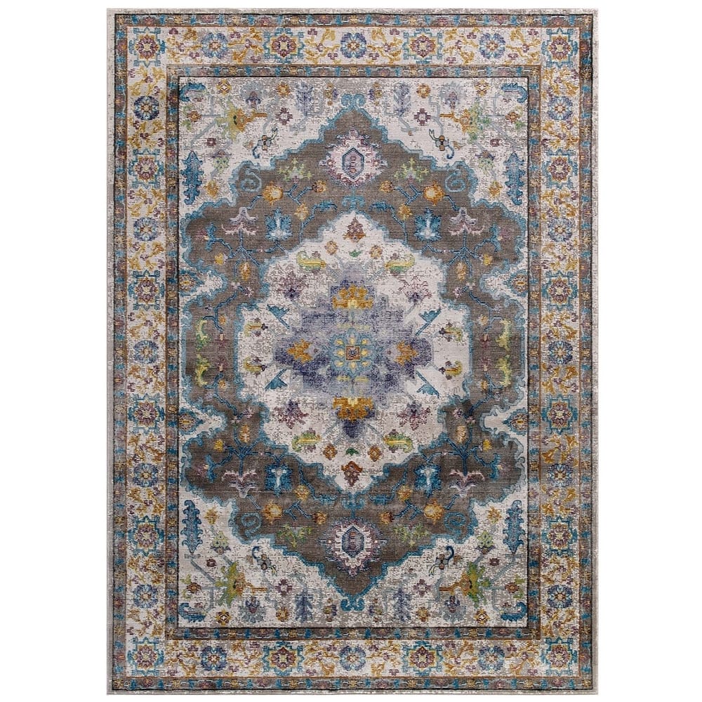 Modway Success Anisah Distressed Floral Vintage 5x8 Area Rug in Gray, Ivory, Yellow, Orange