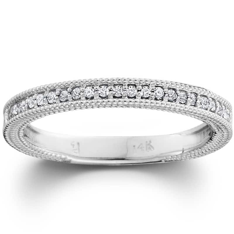 Pompeii3 10k White Gold 1/5 ct TDW Diamond Wedding Ring Stackable Womens Vintage Milgrain Anniversary Band