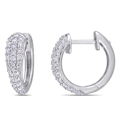 Miadora 14k White Gold 1ct TDW Diamond Cluster Huggie Hoop Earrings