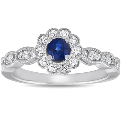 Pompeii3 14k White Gold 5/8 Ct TW Genuine Blue Sapphire & Diamond Halo Engagement Anniversary Ring