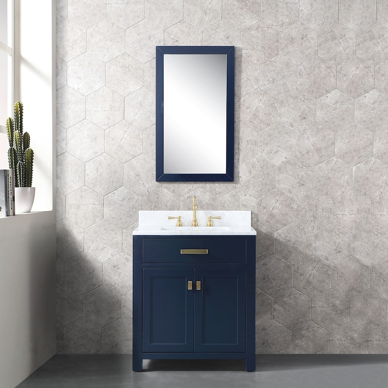 Madison 30 in Single Sink Carrara White Marble Vanity in Monarch Blue - vanity with mirror and f2-0012-06-tl faucet - Assembly Required