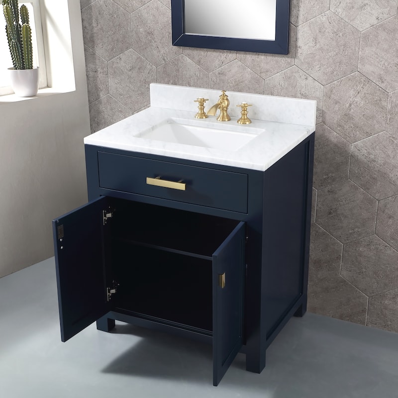 Madison 30 in Single Sink Carrara White Marble Vanity in Monarch Blue
