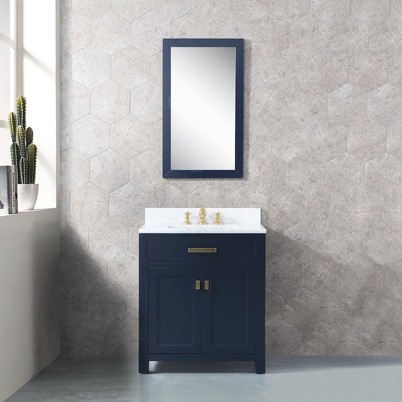 Madison 30 in Single Sink Carrara White Marble Vanity in Monarch Blue - vanity with mirror and f2-0013-06-fx faucet - Assembly Required