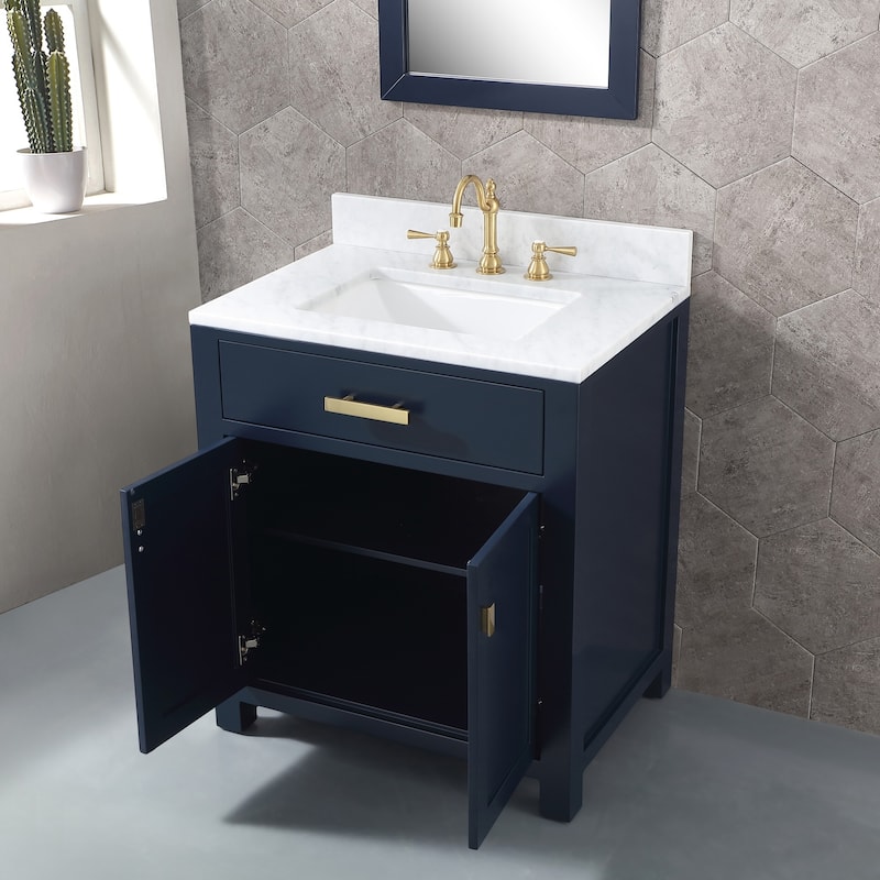 Madison 30 in Single Sink Carrara White Marble Vanity in Monarch Blue
