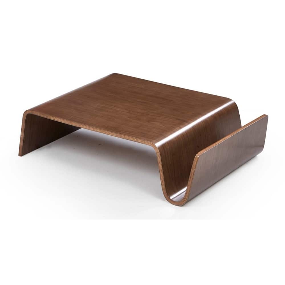 Contemporary Style Plywood Coffee Table with Curved Magazine Rack, Brown