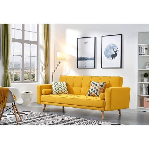 Luca Home Alex Yellow Microfiber And Wood Tufted Scandinavian Microfiber And Wood Tufted Scandinavian