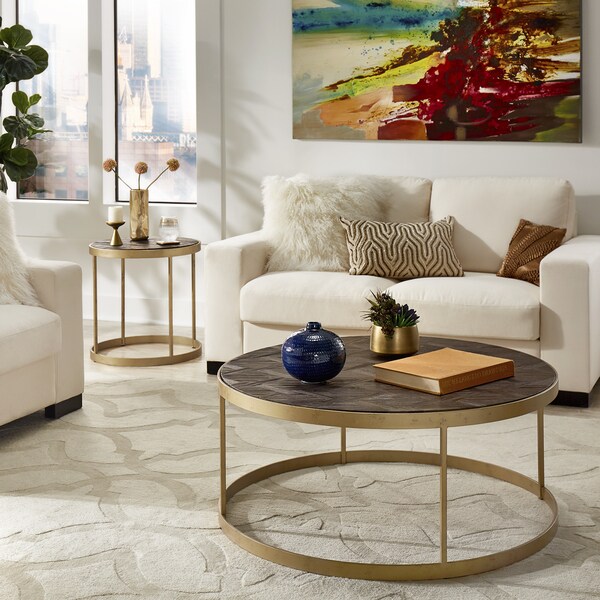 Carbon Loft Lozano Antique Gold Finish Metal Frame Reclaimed Wood Cocktail Table Set