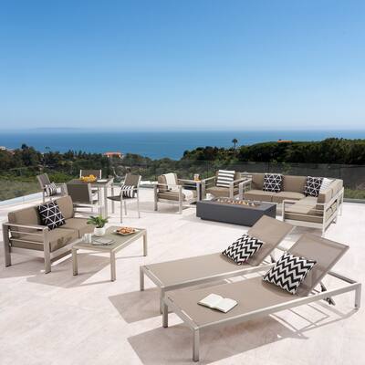 Cape Coral Outdoor 16 Piece Aluminum Estate Collection with Cushions and Fire Pit by Christopher Knight Home