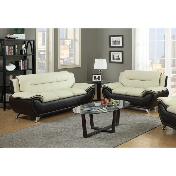 2Pc Beige On Brown Sofa & Loveseat Set