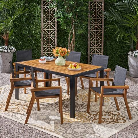 Lemyra Outdoor 6-Seater Rectangular Acacia Wood and Mesh Dining Set by Christopher Knight Home