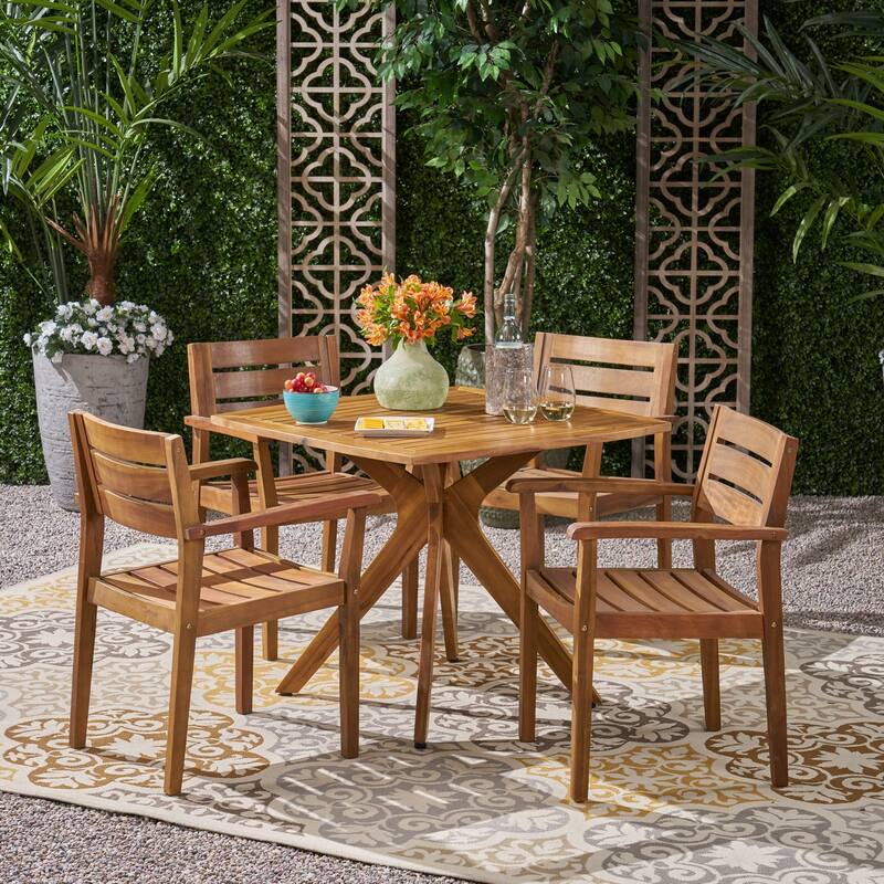 Stamford Outdoor 5 Piece Acacia Wood Dining Set wit X Base by Christopher Knight Home - teak finish