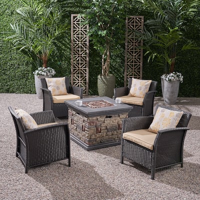 St. Lucia Outdoor 4 Piece Wicker Chat Set with Fire Pit by Christopher Knight Home