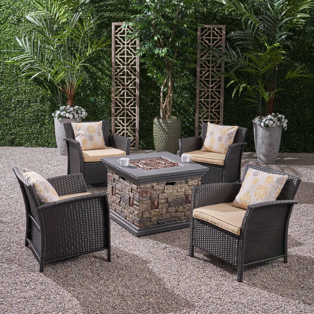 St. Lucia Outdoor 4 Piece Wicker Chat Set with Fire Pit by Christopher Knight Home