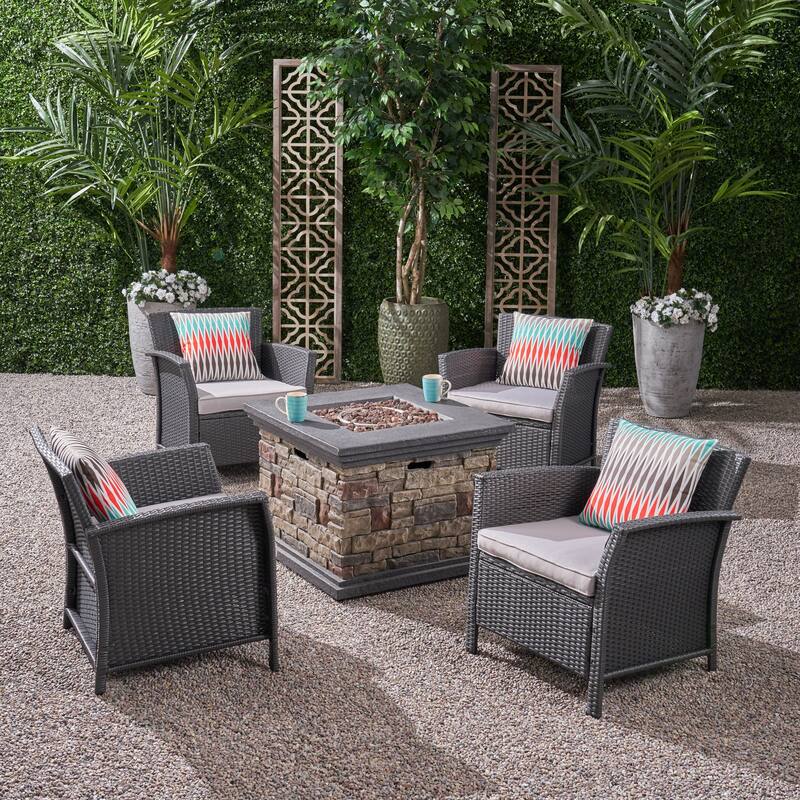 St. Lucia Outdoor 4 Piece Wicker Chat Set with Fire Pit by Christopher Knight Home - gray + silver  + stone