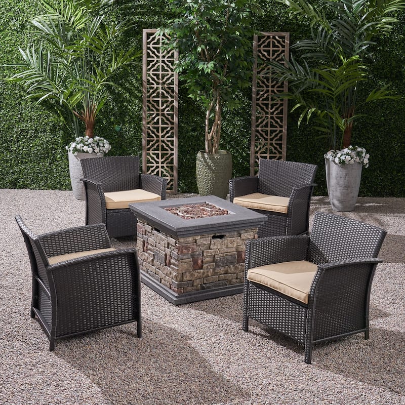 St. Lucia Outdoor 4 Piece Wicker Chat Set with Fire Pit by Christopher Knight Home