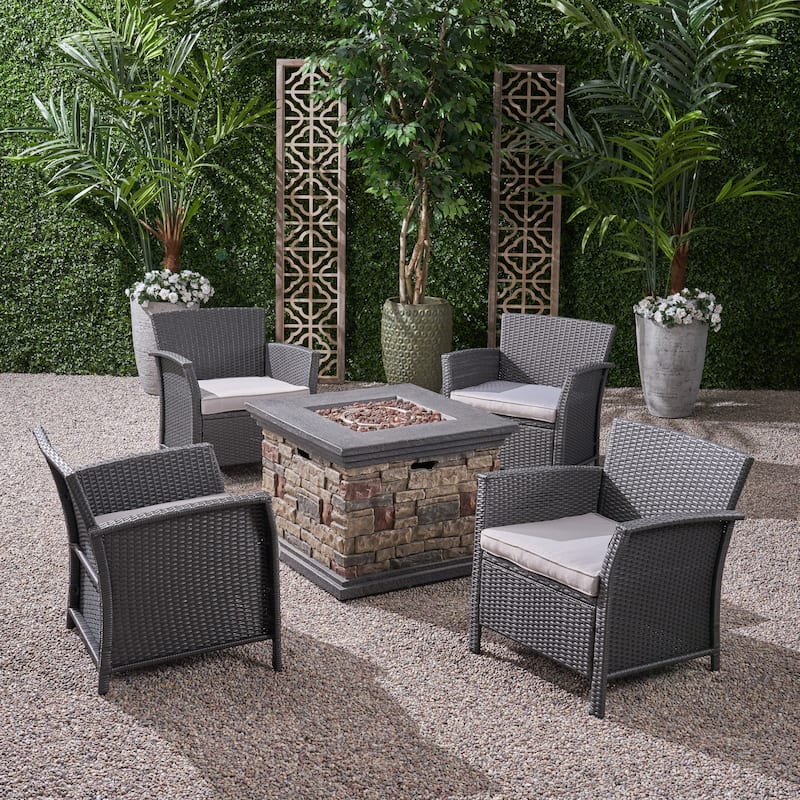 St. Lucia Outdoor 4 Piece Wicker Chat Set with Fire Pit by Christopher Knight Home