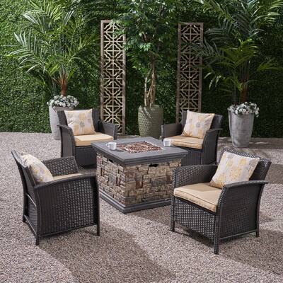 St. Lucia Outdoor 4 Piece Wicker Chat Set with Fire Pit by Christopher Knight Home