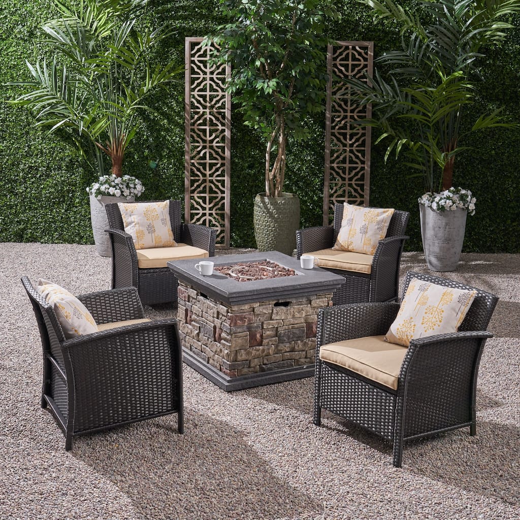 St. Lucia Outdoor 4 Piece Wicker Chat Set with Fire Pit by Christopher Knight Home