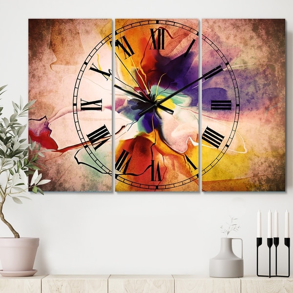 Designart 'Creative Flower in Multiple Colors' Cottage 3 Panels Large Wall CLock - 36 in. wide x 28 in. high - 3 panels