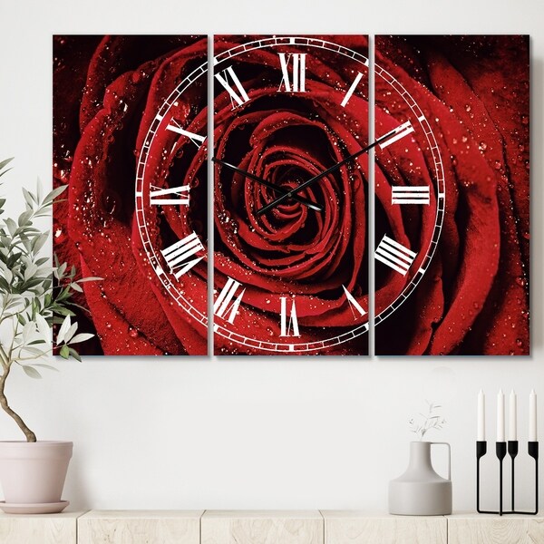Designart 'Red Rose Petals with Rain Droplets' Cottage 3 Panels Oversized Wall CLock - 36 in. wide x 28 in. high - 3 panels