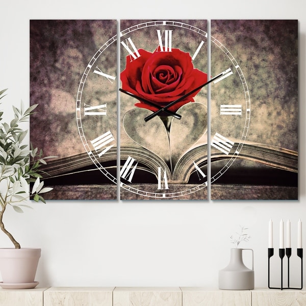 Designart 'Red Rose Inside the Book' Cottage 3 Panels Oversized Wall CLock - 36 in. wide x 28 in. high - 3 panels