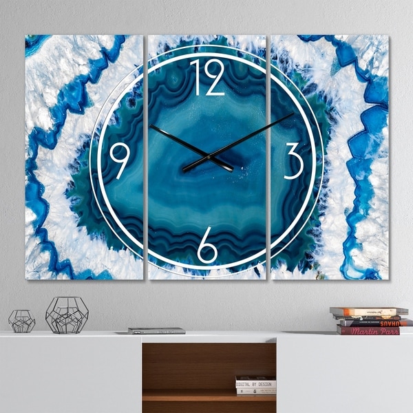 Designart 'Blue Agate Crystal' Modern 3 Panels Oversized Wall CLock - 36 in. wide x 28 in. high - 3 panels