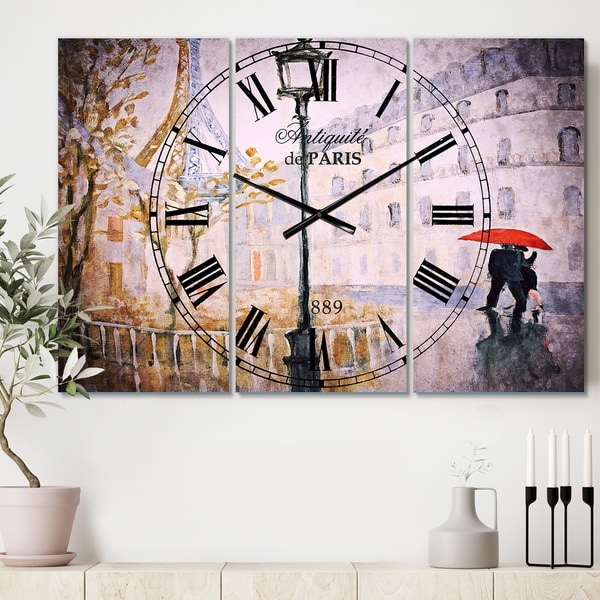 Designart 'Love in Paris V' Cottage 3 Panels Large Wall CLock - 36 in. wide x 28 in. high - 3 panels