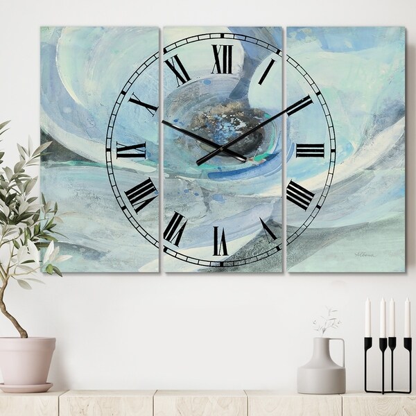 Designart 'Watercolor Moonlight Magnolia I' Cottage 3 Panels Oversized Wall CLock - 36 in. wide x 28 in. high - 3 panels