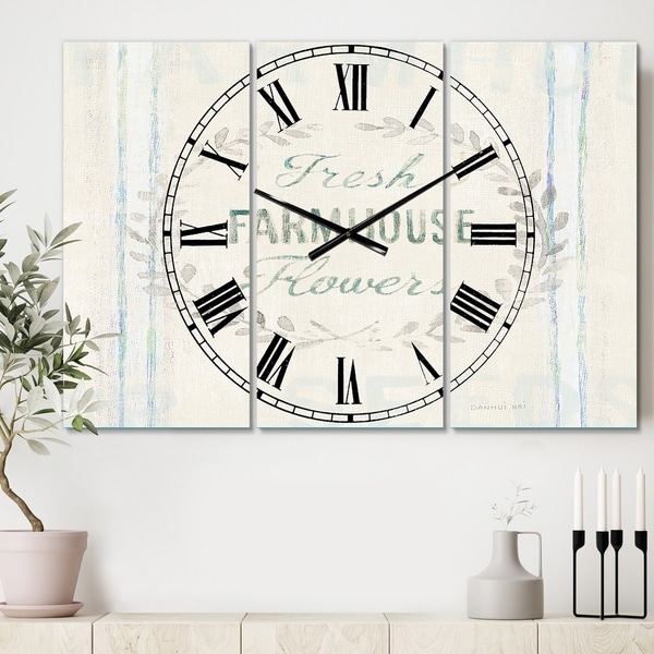 Designart 'Farmhouse Florals VIII' Cottage 3 Panels Oversized Wall CLock - 36 in. wide x 28 in. high - 3 panels