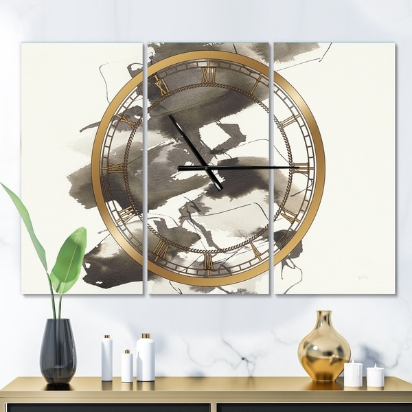 Designart 'Geometric Glam Square I' Glam 3 Panels Oversized Wall CLock - 36 in. wide x 28 in. high - 3 panels