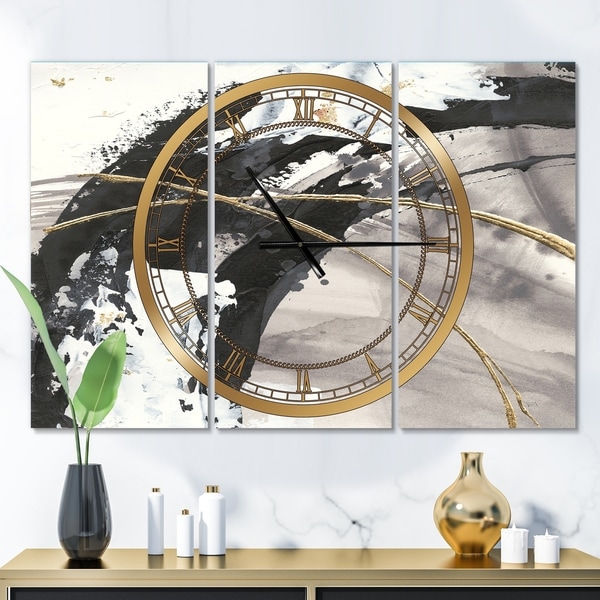 Designart 'Glam Painted Arcs I' Glam 3 Panels Oversized Wall CLock - 36 in. wide x 28 in. high - 3 panels